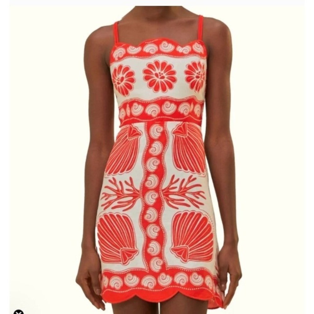 Farm Rio Red White Nautical Shell Scalloped Mini Dress Lace Up NEW XL